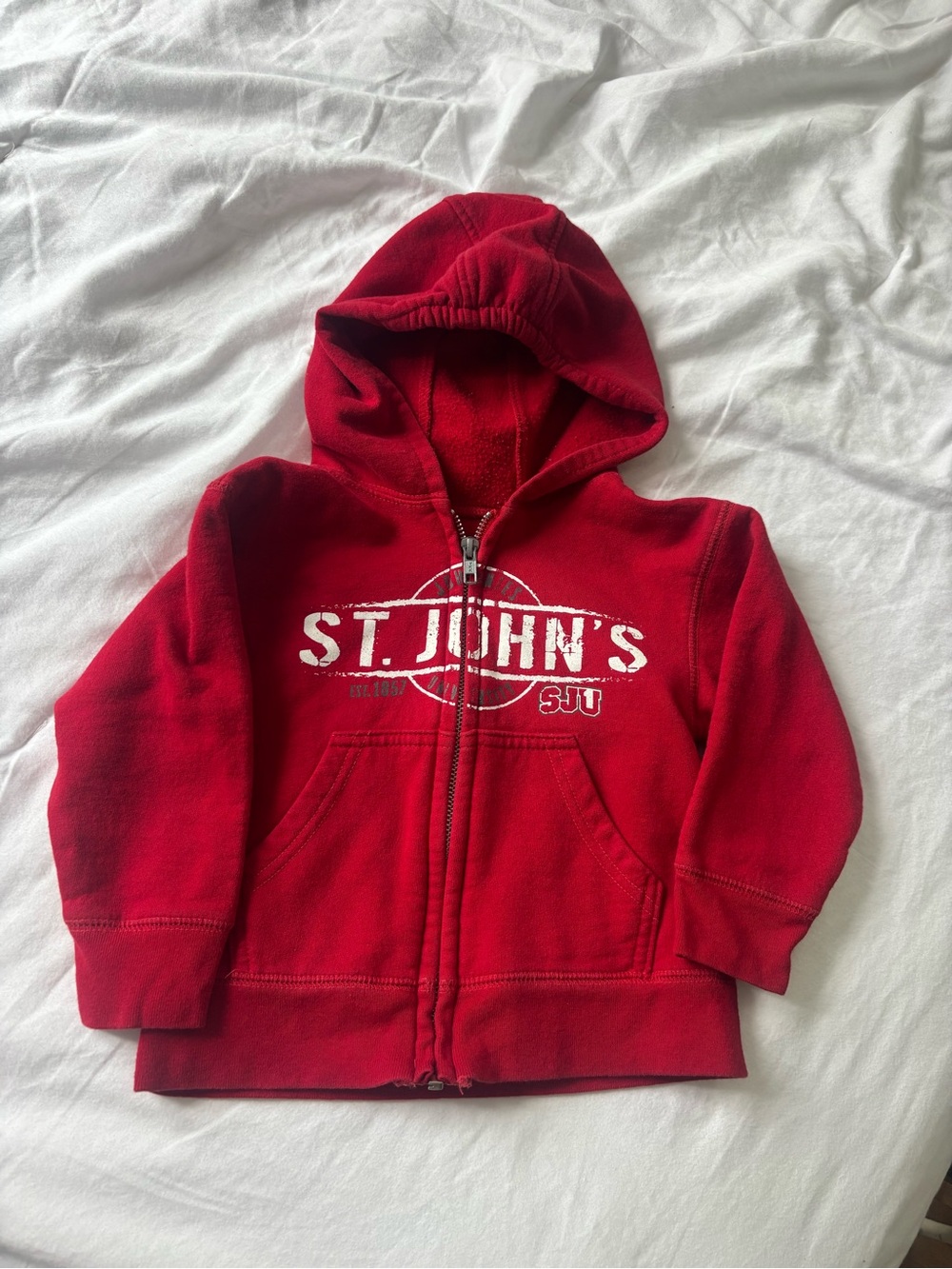 St. John Red Kids Zip Hoodie with White Logo